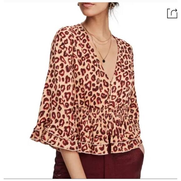 Scotch & Soda Leopard Satiny Smocked Waist Blouse Size Medium - Picture 1 of 8